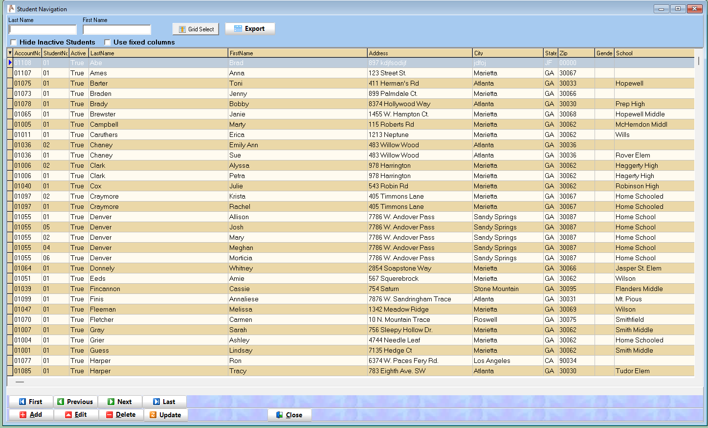 Dance Manager student navigation screen